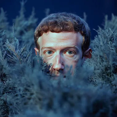 Mark Zuckerberg peeking over bushes with a blue background