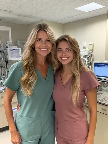 iphone photo of a white american mother 45 and daughter who is in her 23's standing together in a medical clinic room, both wearing surgical scrubs. The mother, with gentle features and natural smile, while the daughter stands beside her with a soft smile. Their skin has texture and both have long light colored beautiful hair. The background includes medical equipment, computers and soft lighting, highlighting their professional environment. Their heads are located at the VERY VERY VERY top of the screen, leaving a lot of room to see their clothes and full upper body. The background is not blurry at all.