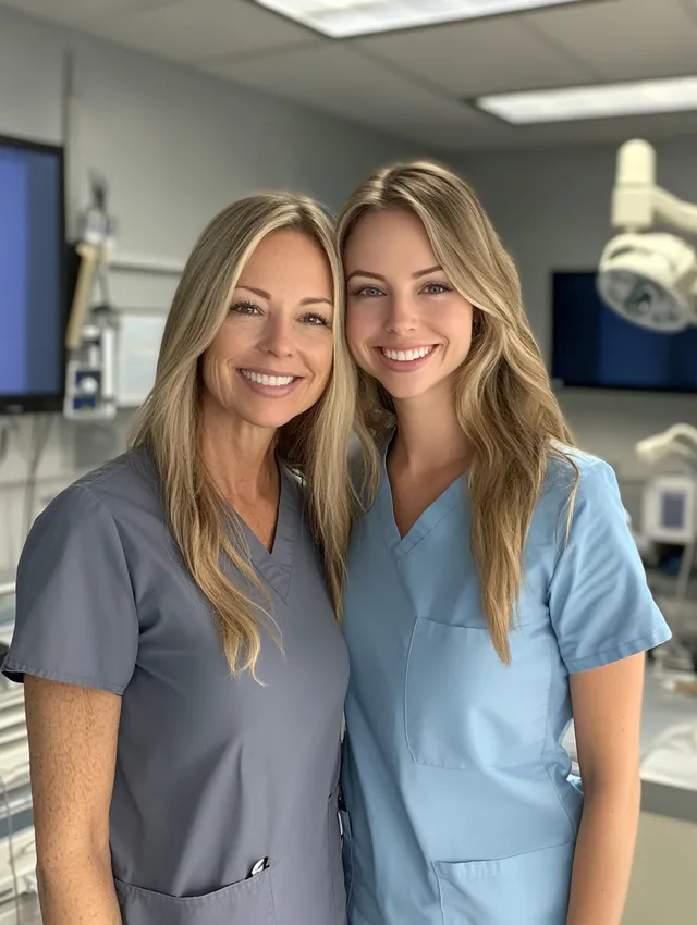 Mother and Daughter in Scrubs: A Caring Moment