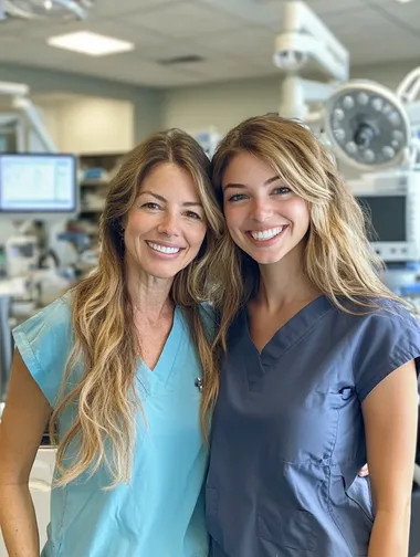 iphone photo of a white american mother 45 and daughter who is in her 23's standing together in a medical clinic room, both wearing surgical scrubs. The mother, with gentle features and natural smile, while the daughter stands beside her with a soft smile. Their skin has texture and both have long light colored beautiful hair. The background includes medical equipment, computers and soft lighting, highlighting their professional environment. Their heads are located at the VERY VERY VERY top of the screen, leaving a lot of room to see their clothes and full upper body. The background is not blurry at all.