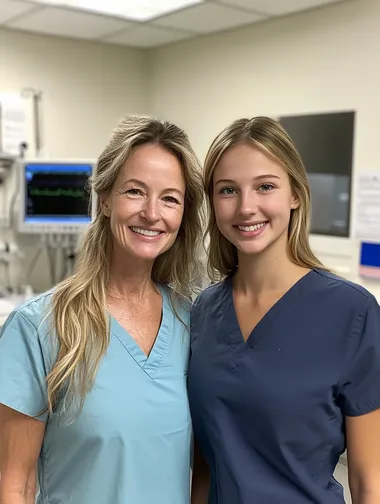 iphone photo of a white american mother 45 and daughter who is in her 23's standing together in a medical clinic room, both wearing surgical scrubs. The mother, with gentle features and natural smile, while the daughter stands beside her with a soft smile. Their skin has texture and both have long light colored beautiful hair. The background includes medical equipment, computers and soft lighting, highlighting their professional environment. Their heads are located at the VERY VERY VERY top of the screen, leaving a lot of room to see their clothes and full upper body. The background is not blurry at all.