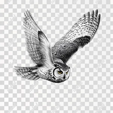 realism drawing of an owl flying with white background