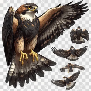 kite has deep brown and black feathers, sharp yellow eyes, and a curved beak. It has large wings. it is completely isolated on a white background character sheet, spacing and margins, different expressions, multiple angles, water painting style  --s 250