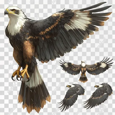 kite has deep brown and black feathers, sharp yellow eyes, and a curved beak. It has large wings. it is completely isolated on a white background character sheet, spacing and margins, different expressions, multiple angles, water painting style  --s 250