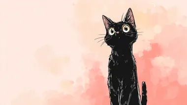 a cute black cat standing upright, big expressive anime eyes, detailed fur, manga style line art, soft pastel background, kawaii aesthetic, high detail, vibes, 4k