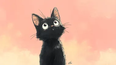 a cute black cat standing upright, big expressive anime eyes, detailed fur, manga style line art, soft pastel background, kawaii aesthetic, high detail, vibes, 4k