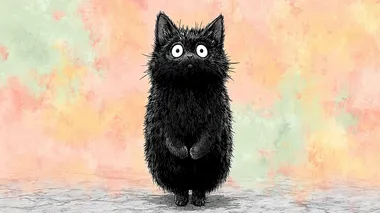 a cute black cat standing upright, big expressive anime eyes, detailed fur, manga style line art, soft pastel background, kawaii aesthetic, high detail, vibes, 4k