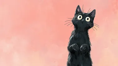 a cute black cat standing upright, big expressive anime eyes, detailed fur, manga style line art, soft pastel background, kawaii aesthetic, high detail, vibes, 4k