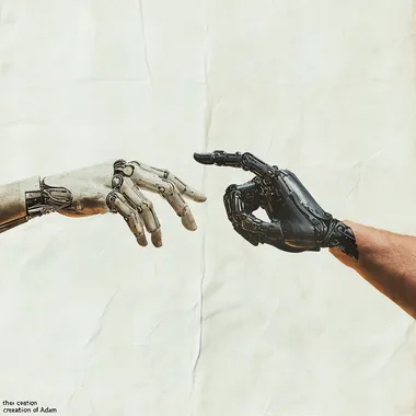 Collage of two hands about to touch, evoking hte imagery of "the creation of Adam", one of the hands is mechanical, the other is human. Minimalist style
