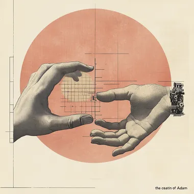 Collage of two hands about to touch, evoking hte imagery of "the creation of Adam", one of the hands is mechanical, the other is human. Minimalist style