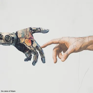 Collage of two hands about to touch, evoking hte imagery of "the creation of Adam", one of the hands is mechanical, the other is human. Minimalist style