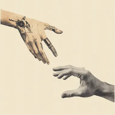 Collage of two hands about to touch, evoking hte imagery of "the creation of Adam", one of the hands is mechanical, the other is human. Minimalist style