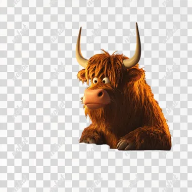 a highland longhorn looking at computer, pixar style, no background