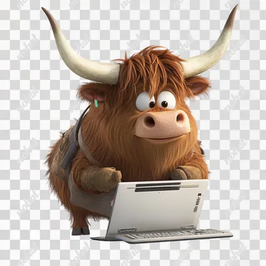 a highland longhorn looking at computer, pixar style, no background