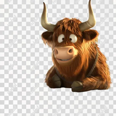 a highland longhorn looking at computer, pixar style, no background