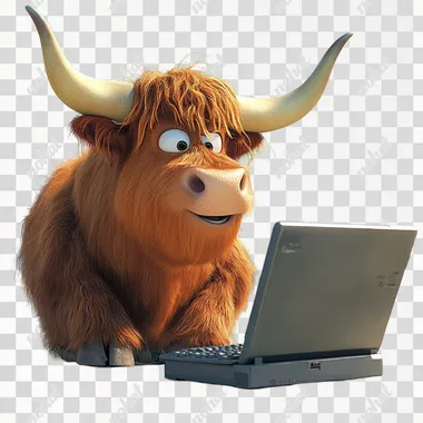a highland longhorn looking at computer, pixar style, no background