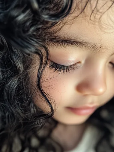 Realistic photos taken using an iPhone camera. A close-up portrait of a child with long, curly black hair and exceptionally long eyelashes. The child's face is positioned slightly below the center of the frame, with their eyes gently lowered. Soft, warm natural light falls from the upper left, creating delicate highlights on the child's smooth skin and casting subtle shadows that enhance facial features. The background is a blurred, light-colored interior setting, maintaining a shallow depth of field to keep focus on the subject. The overall atmosphere is cozy and serene, with a warm color palette dominating the image. The camera angle is slightly above the child, looking down to capture the full length of the eyelashes. The lighting is gentle and diffused, emphasizing the texture of the hair and skin without harsh contrasts. The child's expression is calm and peaceful, contributing to the and tender mood of the portrait. Realistic photos taken using an iPhone camera.