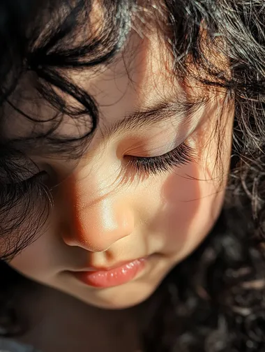 Realistic photos taken using an iPhone camera. A close-up portrait of a child with long, curly black hair and exceptionally long eyelashes. The child's face is positioned slightly below the center of the frame, with their eyes gently lowered. Soft, warm natural light falls from the upper left, creating delicate highlights on the child's smooth skin and casting subtle shadows that enhance facial features. The background is a blurred, light-colored interior setting, maintaining a shallow depth of field to keep focus on the subject. The overall atmosphere is cozy and serene, with a warm color palette dominating the image. The camera angle is slightly above the child, looking down to capture the full length of the eyelashes. The lighting is gentle and diffused, emphasizing the texture of the hair and skin without harsh contrasts. The child's expression is calm and peaceful, contributing to the and tender mood of the portrait. Realistic photos taken using an iPhone camera.