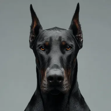 Studio portrait of a powerful black Doberman sitting straight, front view, facing camera, serious and elegant, minimalist light gray background, sharp high-end lighting, glossy black fur, in the style of Scarlett Hooft Graafland