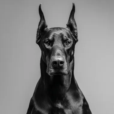 Studio portrait of a powerful black Doberman sitting straight, front view, facing camera, serious and elegant, minimalist light gray background, sharp high-end lighting, glossy black fur, in the style of Scarlett Hooft Graafland