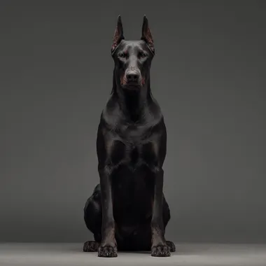 Studio portrait of a powerful black Doberman sitting straight, front view, facing camera, serious and elegant, minimalist light gray background, sharp high-end lighting, glossy black fur, in the style of Scarlett Hooft Graafland