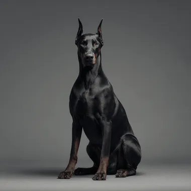 Studio portrait of a powerful black Doberman sitting straight, front view, facing camera, serious and elegant, minimalist light gray background, sharp high-end lighting, glossy black fur, in the style of Scarlett Hooft Graafland