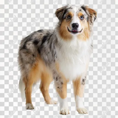 "A full-body portrait of an Australian Shepherd dog standing on all four legs, facing slightly toward the front with a gentle turn in the body. The dog has a kind, intelligent expression with bright, expressive eyes (one or both may be blue or amber) and a soft, friendly smile. Its medium-length, wavy coat is beautifully colored in a merle pattern--mixes of gray, black, and white with touches of tan on the face and legs. The ears are semi-erect or gently folded, adding to its warm, approachable appearance. The tail is naturally long or bobbed, relaxed behind the dog. The background is a clean white studio setting with soft, even lighting that enhances the rich coat texture and friendly demeanor. The image is full-color, high-resolution, and radiates intelligence, gentleness, and calm energy