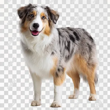 "A full-body portrait of an Australian Shepherd dog standing on all four legs, facing slightly toward the front with a gentle turn in the body. The dog has a kind, intelligent expression with bright, expressive eyes (one or both may be blue or amber) and a soft, friendly smile. Its medium-length, wavy coat is beautifully colored in a merle pattern--mixes of gray, black, and white with touches of tan on the face and legs. The ears are semi-erect or gently folded, adding to its warm, approachable appearance. The tail is naturally long or bobbed, relaxed behind the dog. The background is a clean white studio setting with soft, even lighting that enhances the rich coat texture and friendly demeanor. The image is full-color, high-resolution, and radiates intelligence, gentleness, and calm energy