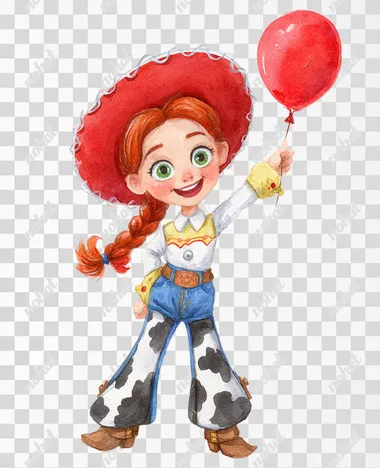 A watercolor illustration hand paint of cheerful cute little cowgirl girl character Jessie from toy stoy disney animation standing and holding a balloon, wearing a western-style outfit with a white button-up shirt with yellow cuffs and collar, blue denim pants with cow print chaps, a large red cowgirl hat with white trim, brown boots with spurs, red braided hair styled into a long ponytail, big green eyes, smiling face with pink cheeks, cartoon style with soft shading and vibrant colors, cute and playful pose, holding a single red balloon in one hand, white background  --raw rofile 8u9rw3h
