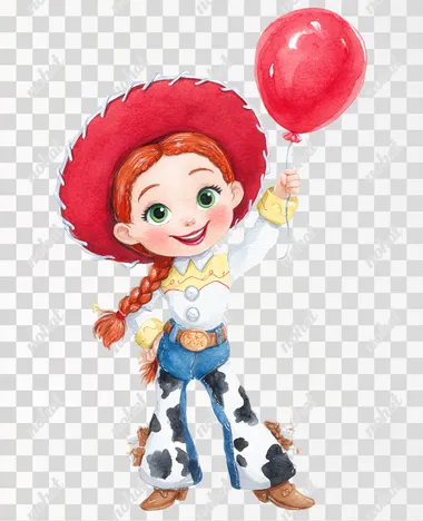 A watercolor illustration hand paint of cheerful cute little cowgirl girl character Jessie from toy stoy disney animation standing and holding a balloon, wearing a western-style outfit with a white button-up shirt with yellow cuffs and collar, blue denim pants with cow print chaps, a large red cowgirl hat with white trim, brown boots with spurs, red braided hair styled into a long ponytail, big green eyes, smiling face with pink cheeks, cartoon style with soft shading and vibrant colors, cute and playful pose, holding a single red balloon in one hand, white background  --raw rofile 8u9rw3h