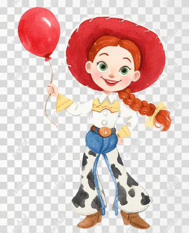 A watercolor illustration hand paint of cheerful cute little cowgirl girl character Jessie from toy stoy disney animation standing and holding a balloon, wearing a western-style outfit with a white button-up shirt with yellow cuffs and collar, blue denim pants with cow print chaps, a large red cowgirl hat with white trim, brown boots with spurs, red braided hair styled into a long ponytail, big green eyes, smiling face with pink cheeks, cartoon style with soft shading and vibrant colors, cute and playful pose, holding a single red balloon in one hand, white background  --raw rofile 8u9rw3h