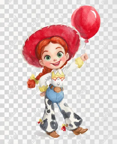 A watercolor illustration hand paint of cheerful cute little cowgirl girl character Jessie from toy stoy disney animation standing and holding a balloon, wearing a western-style outfit with a white button-up shirt with yellow cuffs and collar, blue denim pants with cow print chaps, a large red cowgirl hat with white trim, brown boots with spurs, red braided hair styled into a long ponytail, big green eyes, smiling face with pink cheeks, cartoon style with soft shading and vibrant colors, cute and playful pose, holding a single red balloon in one hand, white background  --raw rofile 8u9rw3h