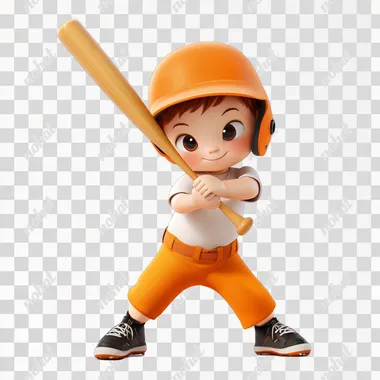 a little side view,pixar 3d style clipart of Super cute little boy, standing,Wearing a orange helmet, holding a baseball bat in both hands, with legs bent, ready to hit the ball,white short sleeves and a round neckline tee shirt,orange pants,black sneakers,studio lighting,white background, 3d rendering, 8k, super detail
