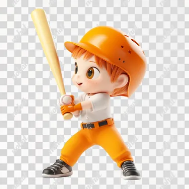 a little side view,pixar 3d style clipart of Super cute little boy, standing,Wearing a orange helmet, holding a baseball bat in both hands, with legs bent, ready to hit the ball,white short sleeves and a round neckline tee shirt,orange pants,black sneakers,studio lighting,white background, 3d rendering, 8k, super detail