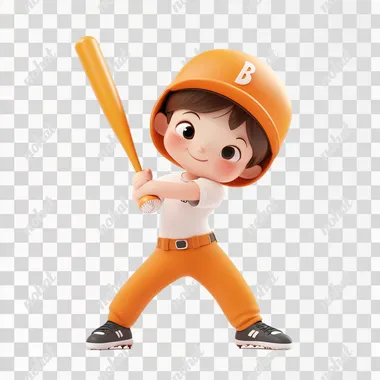 a little side view,pixar 3d style clipart of Super cute little boy, standing,Wearing a orange helmet, holding a baseball bat in both hands, with legs bent, ready to hit the ball,white short sleeves and a round neckline tee shirt,orange pants,black sneakers,studio lighting,white background, 3d rendering, 8k, super detail