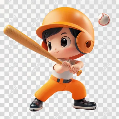a little side view,pixar 3d style clipart of Super cute little boy, standing,Wearing a orange helmet, holding a baseball bat in both hands, with legs bent, ready to hit the ball,white short sleeves and a round neckline tee shirt,orange pants,black sneakers,studio lighting,white background, 3d rendering, 8k, super detail