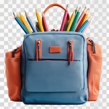 gray-Blue backpack, school supplies, colorful pencils, notebooks, vibrant, organized, educational, back to school, children's accessories, bright colors, front view, transparent background, isolated object, product photography, detailed, realistic high-resolution image, photorealistic, clean design, on transparent background, 3:2, realistic, high-resolution photography --s 250