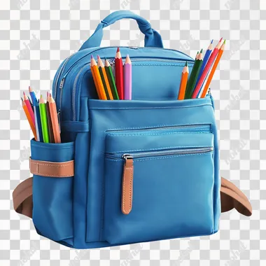 gray-Blue backpack, school supplies, colorful pencils, notebooks, vibrant, organized, educational, back to school, children's accessories, bright colors, front view, transparent background, isolated object, product photography, detailed, realistic high-resolution image, photorealistic, clean design, on transparent background, 3:2, realistic, high-resolution photography --s 250