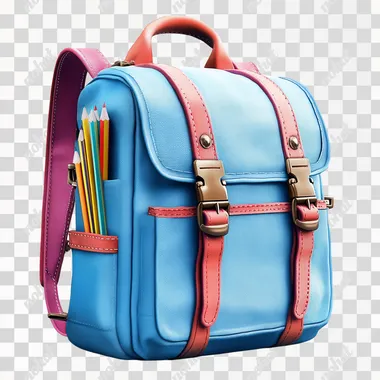 gray-Blue backpack, school supplies, colorful pencils, notebooks, vibrant, organized, educational, back to school, children's accessories, bright colors, front view, transparent background, isolated object, product photography, detailed, realistic high-resolution image, photorealistic, clean design, on transparent background, 3:2, realistic, high-resolution photography --s 250