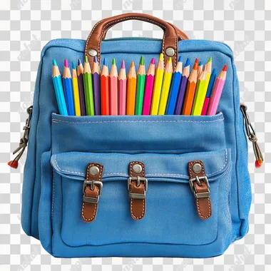 gray-Blue backpack, school supplies, colorful pencils, notebooks, vibrant, organized, educational, back to school, children's accessories, bright colors, front view, transparent background, isolated object, product photography, detailed, realistic high-resolution image, photorealistic, clean design, on transparent background, 3:2, realistic, high-resolution photography --s 250
