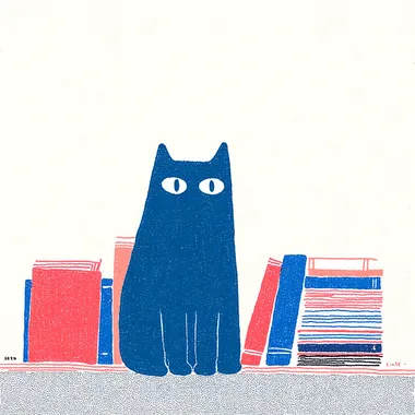 naive comic strip drawing, A thin black cat studying books, pastel colors, simple drawing   rofile r4p92sk --sw 500 --oref  --ow 400