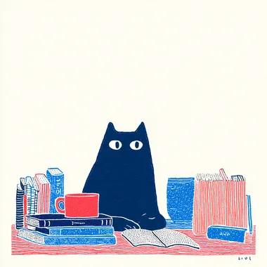 naive comic strip drawing, A thin black cat studying books, pastel colors, simple drawing   rofile r4p92sk --sw 500 --oref  --ow 400
