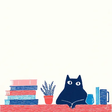 naive comic strip drawing, A thin black cat studying books, pastel colors, simple drawing   rofile r4p92sk --sw 500 --oref  --ow 400