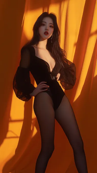 Long legs, supermodel pose, fashion, LV style, Korean star's perfect woman, huge hourglass figure, beautiful, plump, dark orange, background, fashionable clothes, a woman wearing black transparent tights