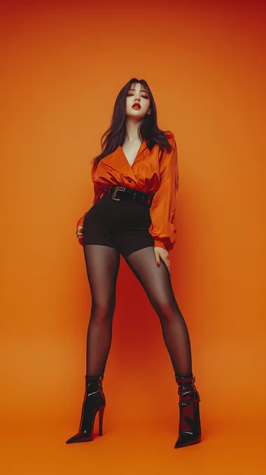 Long legs, supermodel pose, fashion, LV style, Korean star's perfect woman, huge hourglass figure, beautiful, plump, dark orange, background, fashionable clothes, a woman wearing black transparent tights