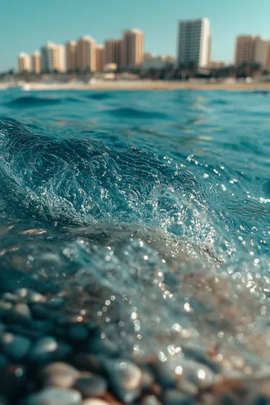 hyper realistic photo, zoomed in detail shot, cinematic shot of Doha skylines in thebackground, cristal blue sea, daylight,