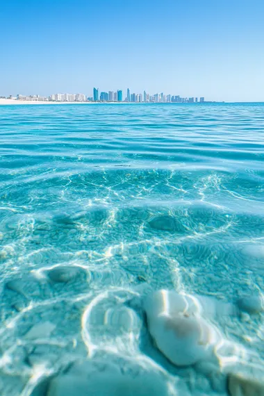 hyper realistic photo, zoomed in detail shot, cinematic shot of Doha skylines in thebackground, cristal blue sea, daylight,