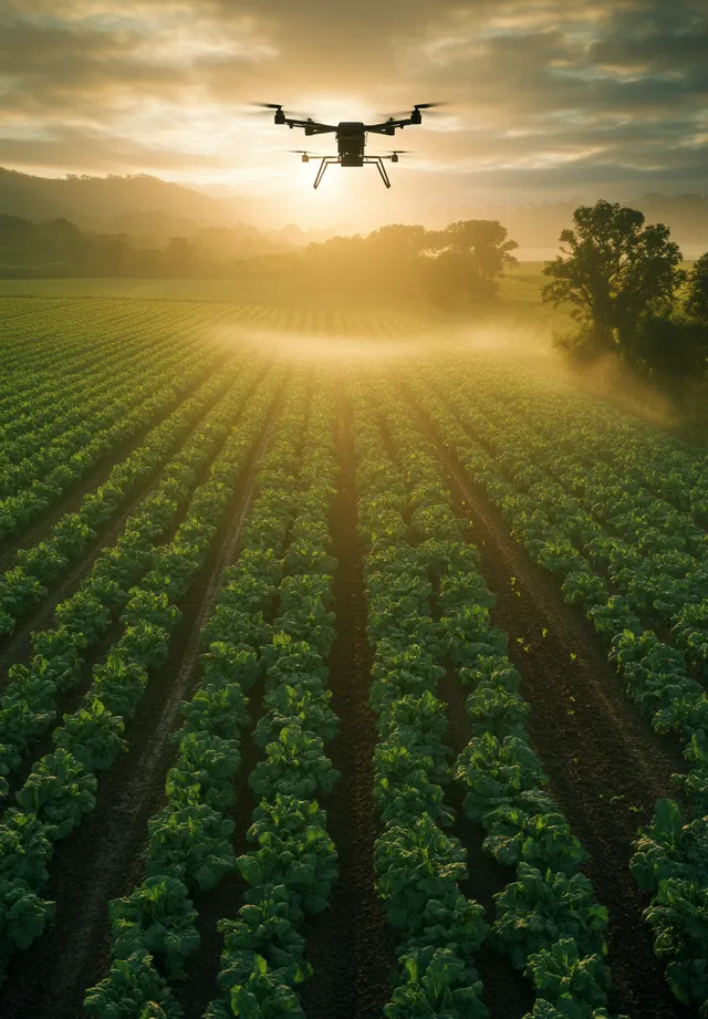 Aerial View of Advanced Agricultural Drone Spraying Crops at Sunrise