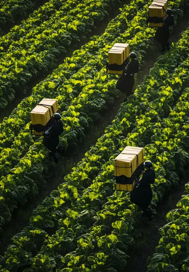 A drone with six rotors, each carrying two boxes of spraying equipment and flying over the vegetable field at sunrise. The photo was taken from an aerial perspective, showcasing vast fields covered in green vegetables. In front is a black robot figure using sunlight to spray onto leaves on the crops. Captured with a Sony A7 III camera and Zeiss Batis lens, 85mm focal length. High-resolution photography, ultra-realistic rendering details, natural lighting, HDR.