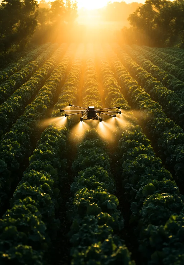 Aerial Drone Spraying Vegetables at Sunrise